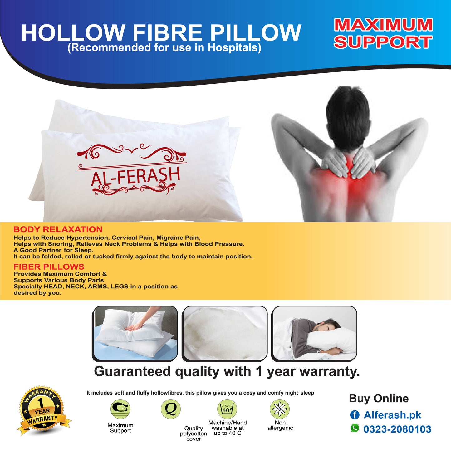 Hollow Fiber Medicated Pillow (Vacuum / Pressed)