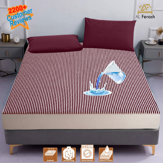 Maroon Stripe Waterproof Mattress Cover